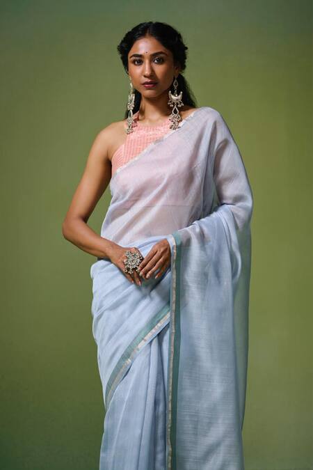 Dressfolk_Blue Chanderi Halter Neck Light Handloom Saree Set_at_Aza_Fashions