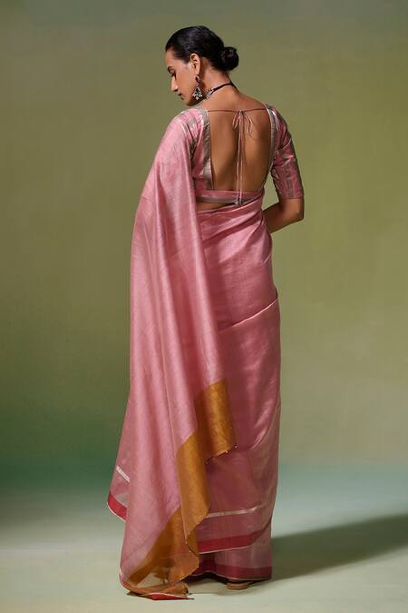 Shop Dressfolk Pink Chanderi V-neck Handloom Saree Set at Aza Fashions Shop_Dressfolk_Pink Chanderi V-neck Handloom Saree Set_at_Aza_Fashions