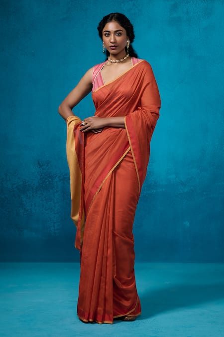 Dressfolk Rust Orange Handloom Chanderi Saree 