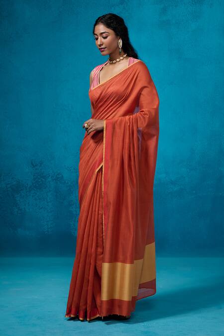 Dressfolk_Orange Chanderi V-neck Rust Handloom Saree_at_Aza_Fashions
