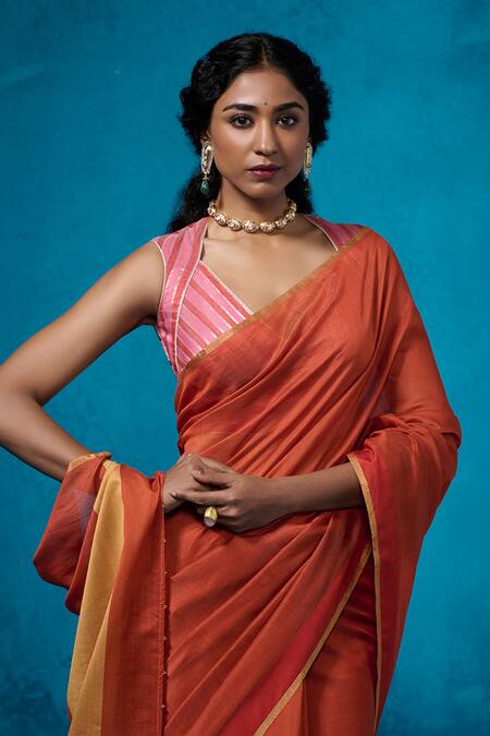 Buy_Dressfolk_Orange Chanderi V-neck Rust Handloom Saree