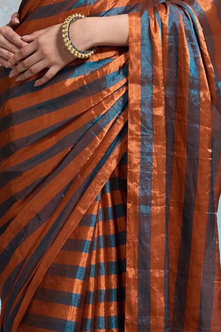Dressfolk_Blue Tissue Square Neck And Copper Handloom Saree_at_Aza_Fashions