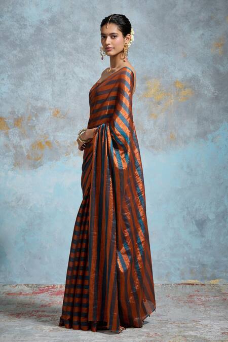 Buy_Dressfolk_Blue Tissue Square Neck And Copper Handloom Saree