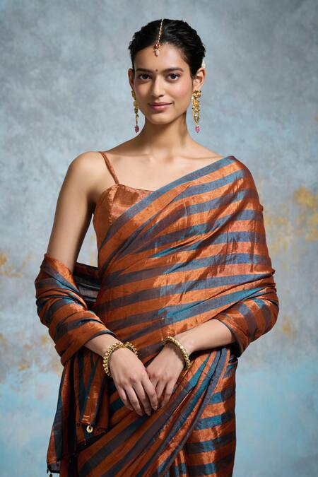 Shop_Dressfolk_Blue Tissue Square Neck And Copper Handloom Saree