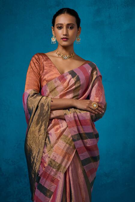 Dressfolk_Multi Color Tissue V-neck Multi-color Handloom Saree Set_at_Aza_Fashions