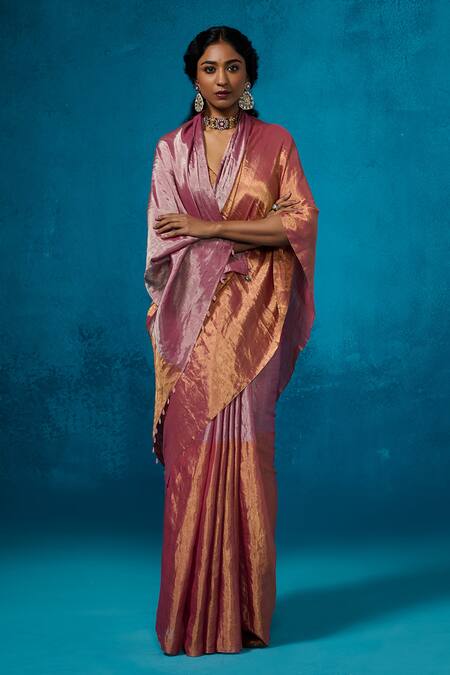 Dressfolk_Pink Tissue V-neck Handloom And Orange Saree Set_at_Aza_Fashions