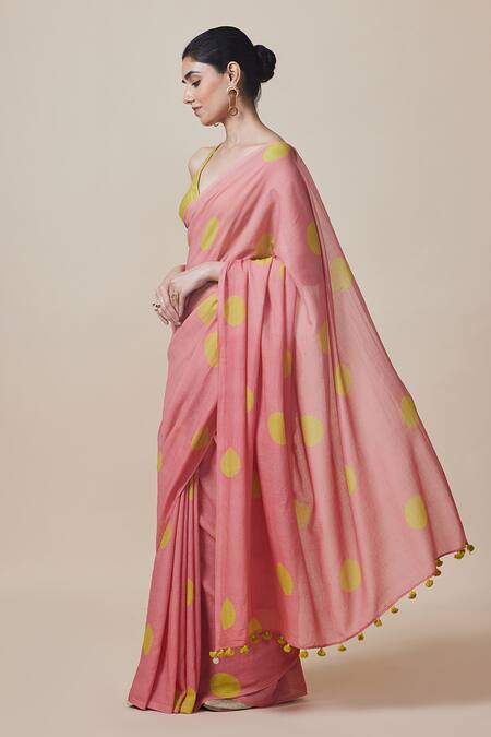 Shop_Dressfolk_Peach Handloom Cotton Pom-poms V-neck Polka Dot Saree Set