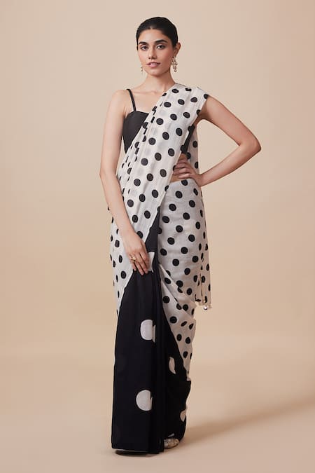 Dressfolk Black & White Polka Dot Handloom Saree 