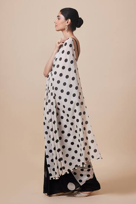 Dressfolk_Black Handloom Cotton Square Neck And White Polka Dot Saree_at_Aza_Fashions