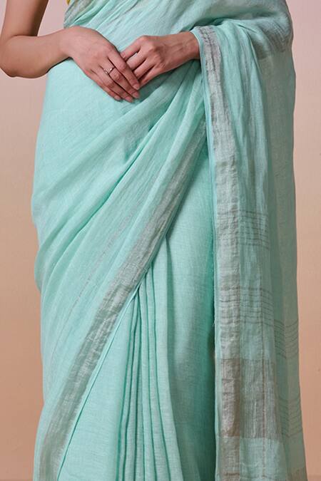 Dressfolk_Sky Blue Linen Embroidery Halter Neck Handloom Saree Set_at_Aza_Fashions