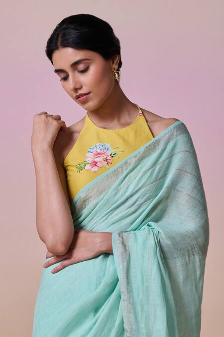 Buy_Dressfolk_Sky Blue Linen Embroidery Halter Neck Handloom Saree Set