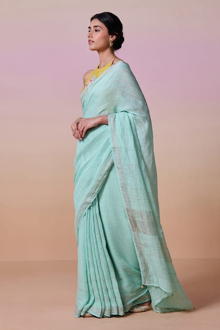 Shop_Dressfolk_Sky Blue Linen Embroidery Halter Neck Handloom Saree Set