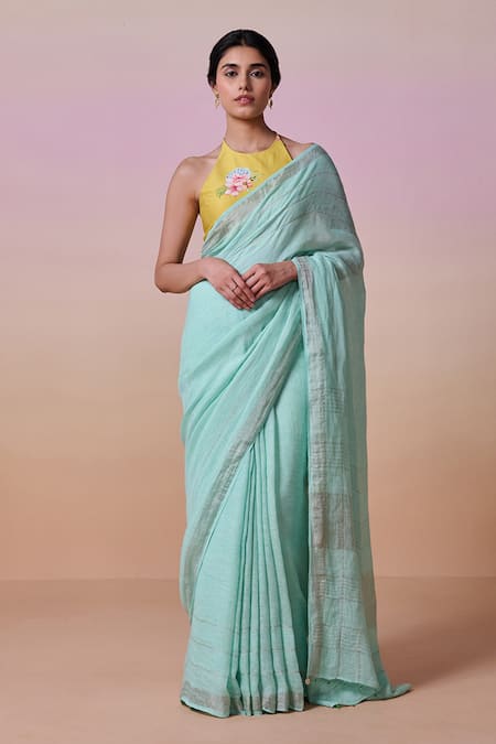 Dressfolk Sky Blue Linen Embroidery Halter Neck Handloom Saree Set 