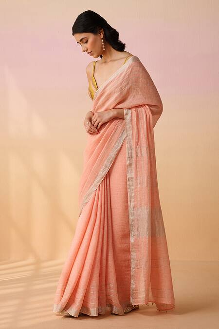 Shop_Dressfolk_Peach Linen Zari V-neck Handloom Saree With Blouse