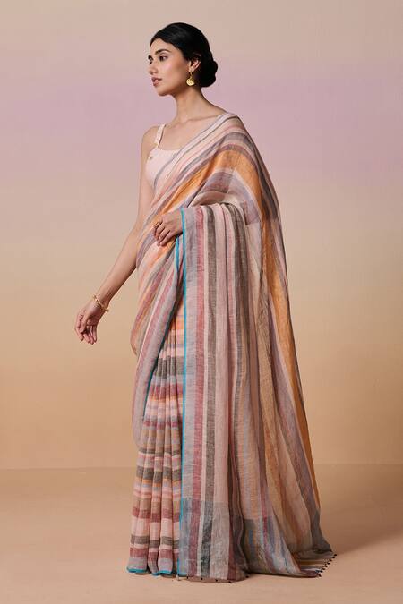 Dressfolk Multi Color Linen Square Neck Multi-color Handloom Saree Set at Aza Fashions Dressfolk_Multi Color Linen Square Neck Multi-color Handloom Saree Set_at_Aza_Fashions