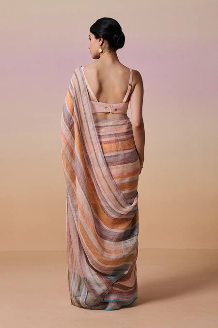 Shop Dressfolk Multi Color Linen Square Neck Multi-color Handloom Saree Set at Aza Fashions Shop_Dressfolk_Multi Color Linen Square Neck Multi-color Handloom Saree Set_at_Aza_Fashions