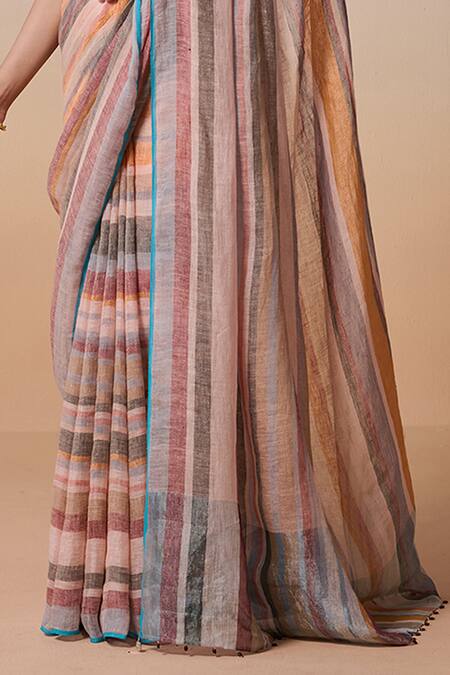 Shop Dressfolk Multi Color Linen Square Neck Multi-color Handloom Saree Set Shop_Dressfolk_Multi Color Linen Square Neck Multi-color Handloom Saree Set