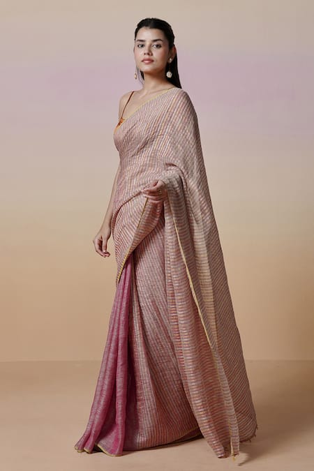 Dressfolk_Rose Gold Linen Square Neck Handloom Pink Saree Set_at_Aza_Fashions
