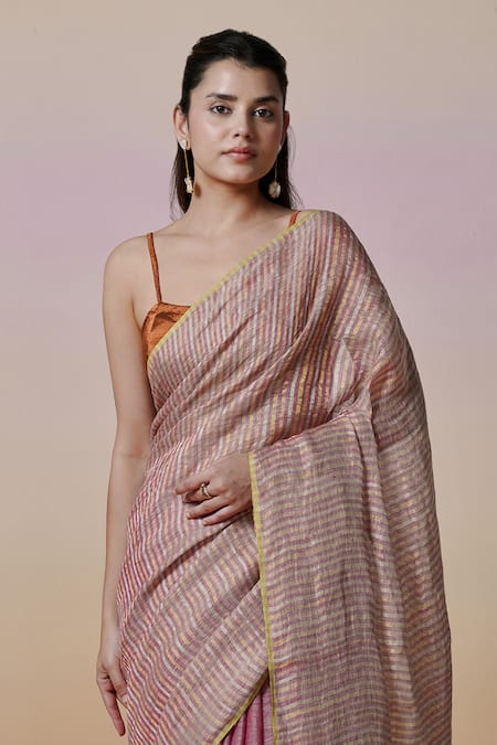 Buy_Dressfolk_Rose Gold Linen Square Neck Handloom Pink Saree Set