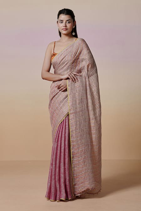 Dressfolk Rose Gold Linen Square Neck Handloom Pink Saree Set 