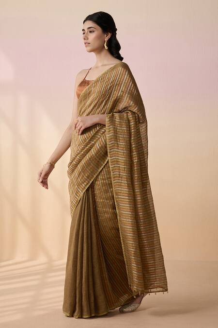 Buy_Dressfolk_Multi Color Linen Square Neck Handloom Saree Set
