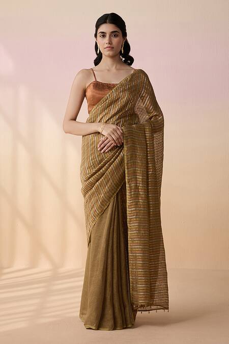 Dressfolk Multi Color Linen Square Neck Handloom Saree Set