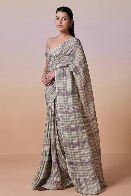 Dressfolk_Linen V-neck Sage Green And Purple Handloom Saree_at_Aza_Fashions