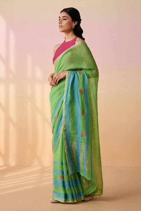 Dressfolk_Green Linen Embroidery Halter Neck Handloom Saree Set_at_Aza_Fashions