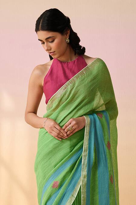 Buy_Dressfolk_Green Linen Embroidery Halter Neck Handloom Saree Set