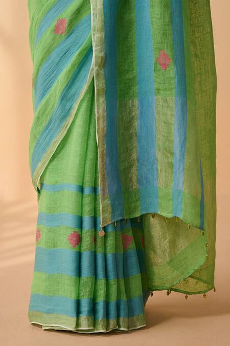 Shop_Dressfolk_Green Linen Embroidery Halter Neck Handloom Saree Set
