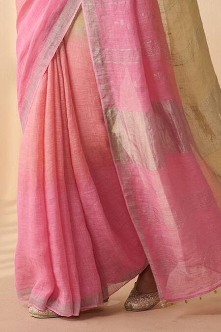 Dressfolk_Multi Color Linen Round Neck Handloom Saree Set_at_Aza_Fashions
