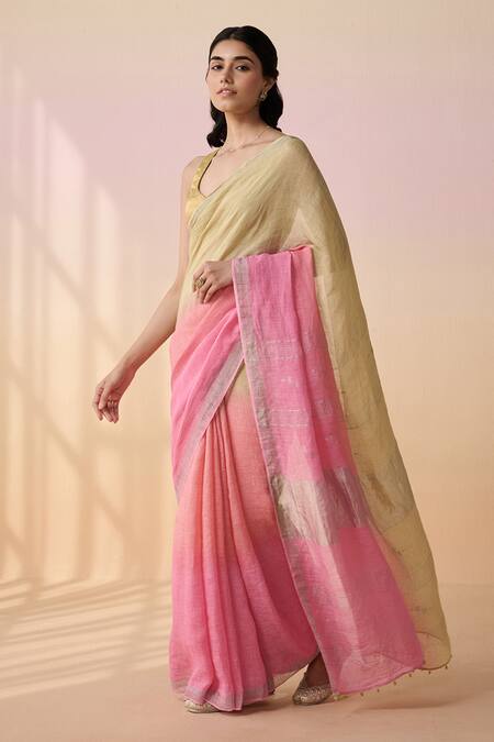 Buy_Dressfolk_Multi Color Linen Round Neck Handloom Saree Set
