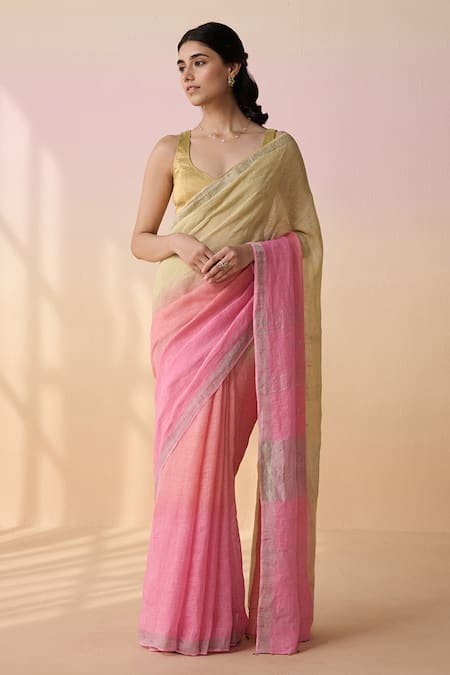 Dressfolk Multi Color Linen Round Neck Handloom Saree Set 
