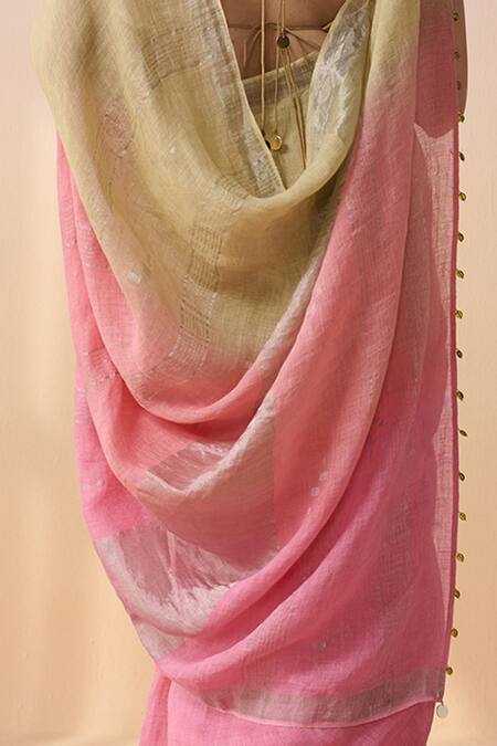 Shop_Dressfolk_Multi Color Linen Round Neck Handloom Saree Set