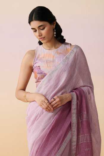 Dressfolk_Lavender Linen Round Neck Handloom Saree Set_at_Aza_Fashions