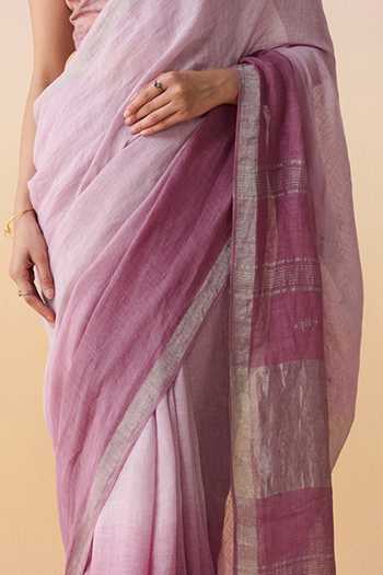 Buy_Dressfolk_Lavender Linen Round Neck Handloom Saree Set