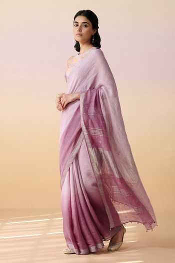 Shop_Dressfolk_Lavender Linen Round Neck Handloom Saree Set