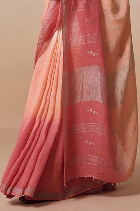 Dressfolk_Pink Linen V-neck Handloom Ombre Saree Set_at_Aza_Fashions