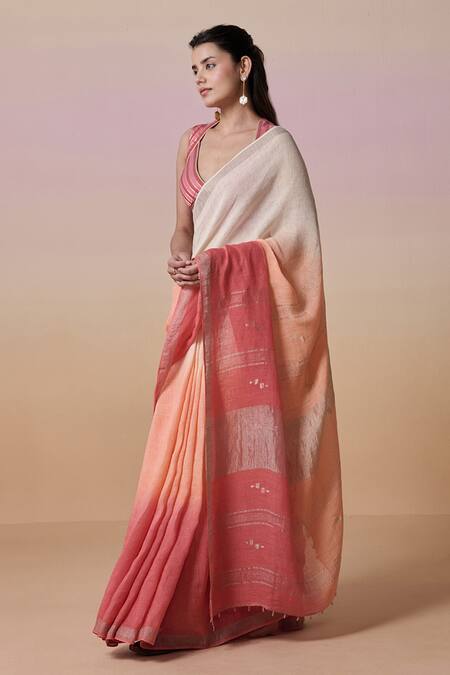 Buy_Dressfolk_Pink Linen V-neck Handloom Ombre Saree Set