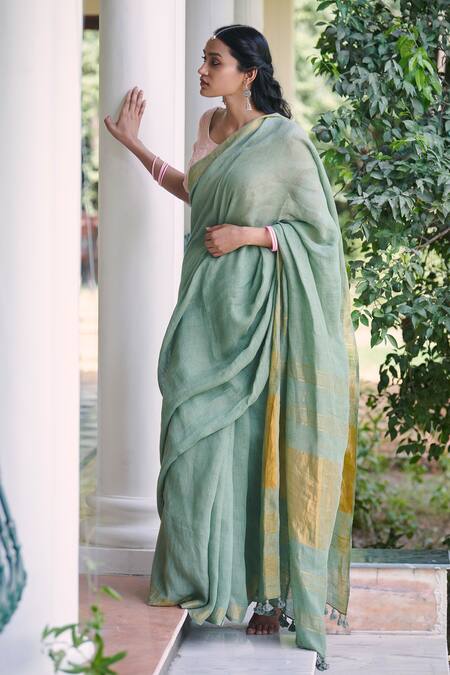 Buy_Dressfolk_Green Linen Round Neck Handloom Sage Saree