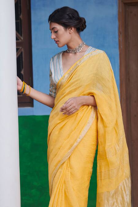 Dressfolk_Yellow Linen V-neck Handloom Saree Set_at_Aza_Fashions