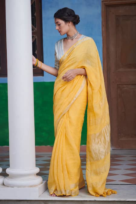 Dressfolk Yellow Handloom Linen Saree Set 