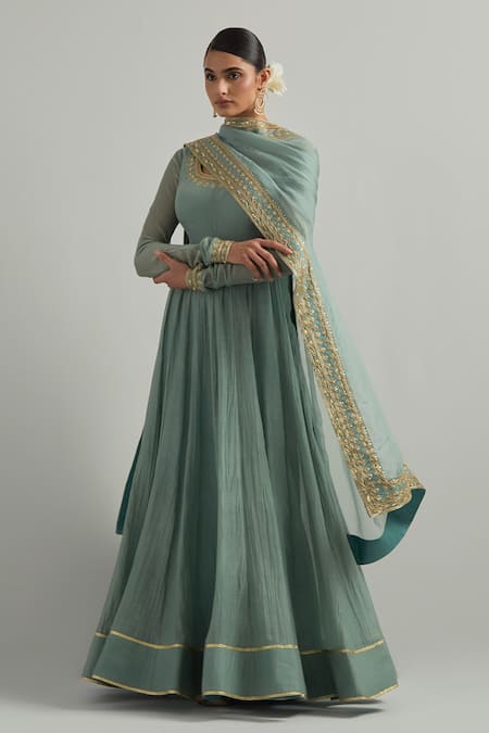 Ikshita Choudhary Blue Chanderi, Organza Embroidery Square Neck Cadet Hand Anarkali Set 