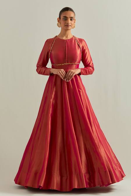 Buy Ikshita Choudhary Rust Organza Round Neck Red Shimmer Anarkali Set Buy_Ikshita Choudhary_Rust Organza Round Neck Red Shimmer Anarkali Set