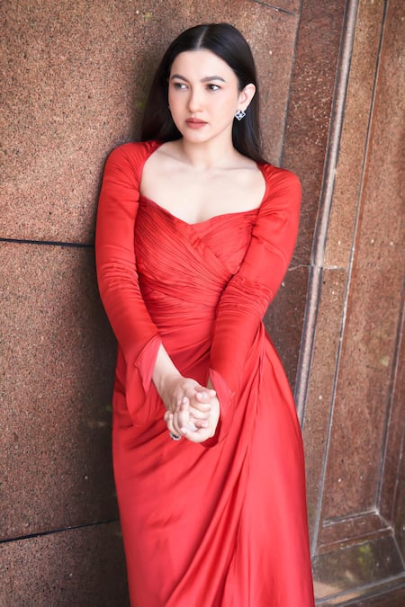 Buy_Aroka_Red Modal, Satin Sweetheart Neck Grace Ruched Dress _at_Aza_Fashions