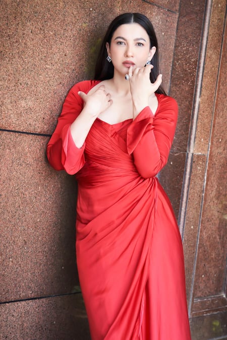 Buy_Aroka_Red Modal, Satin Sweetheart Neck Grace Ruched Dress 