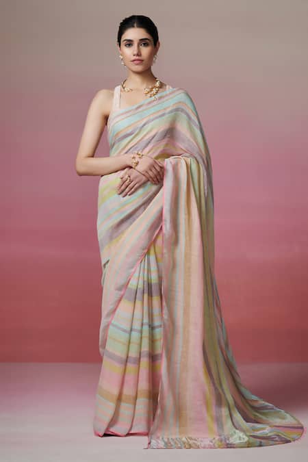 Dressfolk Multi Color Handloom Linen Saree with Blouse 