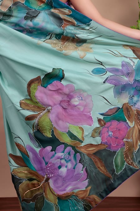 Nidhi Kejriwal_Green Tulle, Silk Sequins Hand-painted Floral Saree With Running Blouse Piece _Online_at_Aza_Fashions