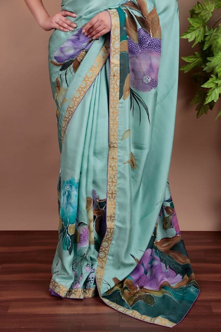 Buy_Nidhi Kejriwal_Green Tulle, Silk Sequins Hand-painted Floral Saree With Running Blouse Piece _Online_at_Aza_Fashions