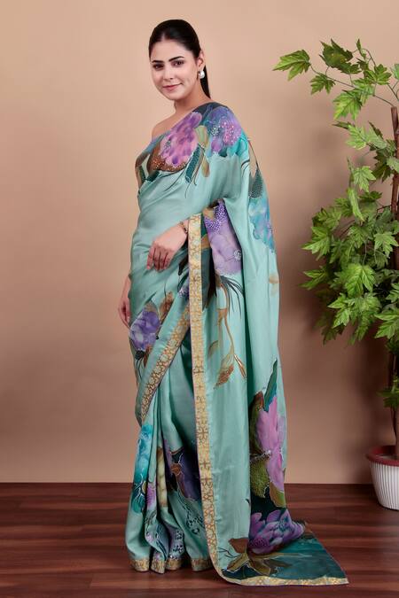 Shop_Nidhi Kejriwal_Green Tulle, Silk Sequins Hand-painted Floral Saree With Running Blouse Piece _Online_at_Aza_Fashions